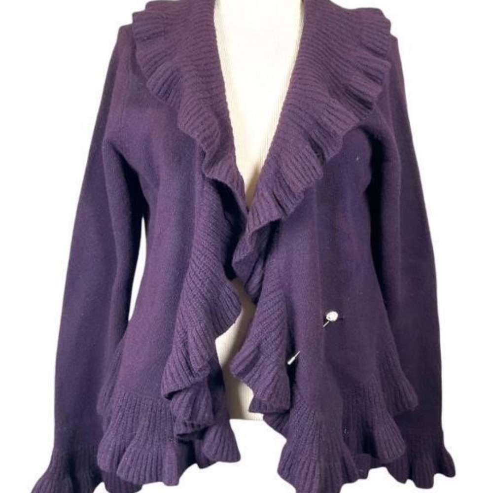 purple cardigan in size XL ruffle trim adjustable drawstring hem embellished pin